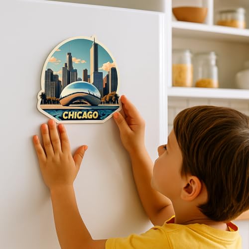 Image of Naxon Chicago City Theme Souvenir Wooden Fridge Magnet - 3x3 Inch Stylish Refrigerator Magnet for Kitchen & Home Decor | Travel Souvenir Gift from USA | Fridge Decoration Magnet | Pack of 1