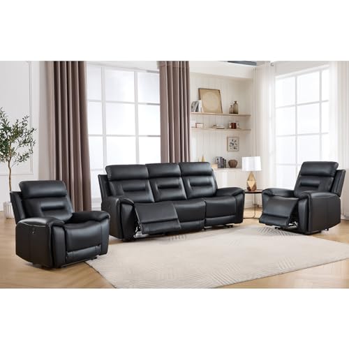 Image of ANJ 3-Piece Faux Leather Power Recliner Sofa Set with USB&Type-C Charging Ports, Include 2 Single Large Recliner Chairs and a 3-Seater Reclining for Living Room, Black