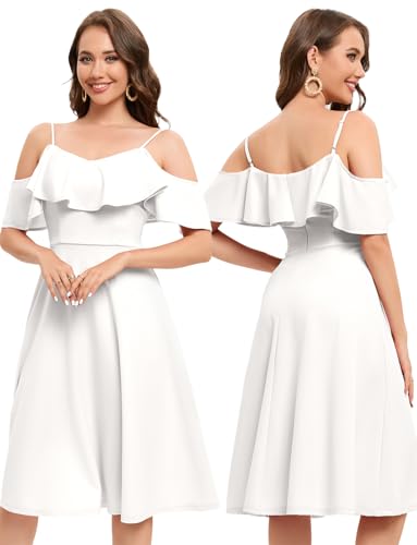 Bbonlinedress Cocktailkleid Damen Weißes Herbstkleid lang elegant Trägerkleid Midilang festliches Party Strandkleid Schulterfrei...