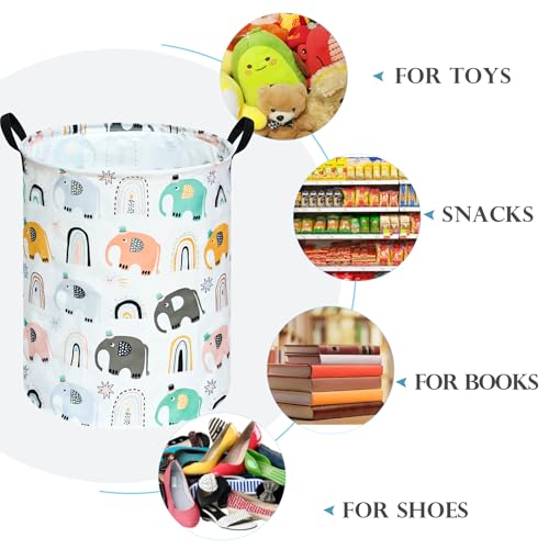Image of Round Rainbow elephant Pattern Laundry Hamper Clothes Storage Basket Fabric Storage Hamper Organization Storage Bin, Nursery Box,Gift Basket with Handles
