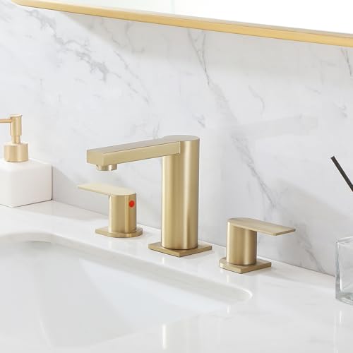 Gold Bathroom Faucet 3 Hole, Widespread Bathroom Faucet Brushed Gold, 2-Handles 8 Inch Centerset Bathroom Sink Faucets with Water Hoses and Drain Faucets for RV Bath Vanity Lavatory, RH079GVAL by VALISY - Used condition - Image 2