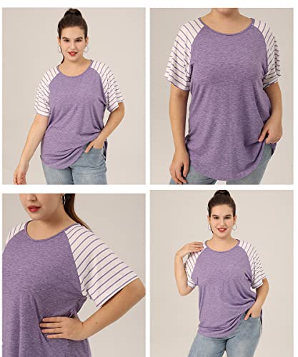 Image of CARCOS Plus Size Tops for Women Short Sleeve Raglan Striped Tee Color Block Crewneck /V Neck Tunic Loose Fit Summer XL-5XL