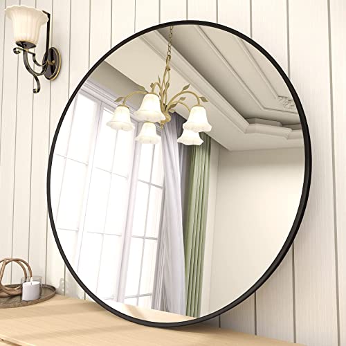 BEAUTYPEAK 28 Inch Round Mirror, Black Metal Frame Circle Mirror, Wall