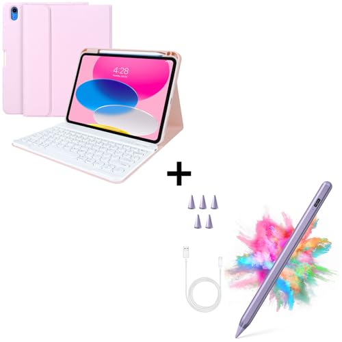 Image of iPad 10th Gen 2022 iPad 10.9 inch Case with Keyboard (Pink) Bundle with Stylus Pen for iPad, Apple Pencil for iPad 2018-2023 with Palm Rejection (Purple)