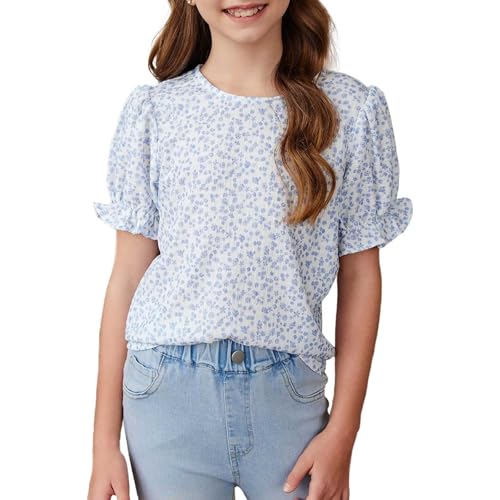 Tween Girls Boho Floral Puff Sleeve Shirt 6 to 15 Years Preppy Teens Loose Crewneck Shirts 2025 Trendy Clothes