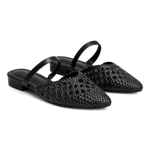 Image of Mesh Mules for Women Comfy Raffia Woven Strap Closed Pointed Toe Mule Flats Casual Slip on Dress Slides Flats