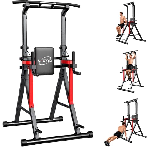 Power Tower Pull Up Bar Free Standing,13-Level Adjustable Height Dip Station with X Frame Stability, Multi-Grip Handles,Backrest,Home Gym Strength Training Equipment with Power Elastic Ropes 400LBS Capacity