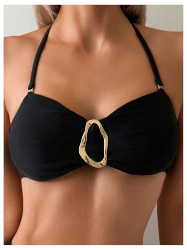 GORGLITTER Women's Ring Linked Tie Backless Halter Bikini Top Removable Strap Bandeau Swimsuits3