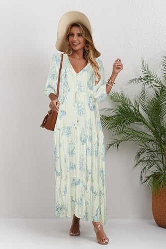 Image of Women Short Sleeve V Neck Floral Print Casual Bohemian Maxi Dresses