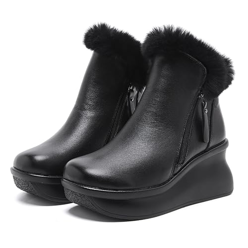 Women's Genuine Leather Platform Wedge Ankle Boots with Side Zipper Warm Fur Lined Fashion Comfortable Round Toe High Heel Snow Boots Winter Outdoor Walking Dress Bootie