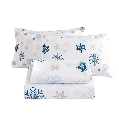 Image of Mooreeke Twin Christmas Sheets Set - 3 Pieces Soft Breathable Microfiber Bed Sheet Set - Blue Snow Pattern Sheet Set - Deep Pocket Non-Slip Winter Printed Fitted Sheet Included for Winter
