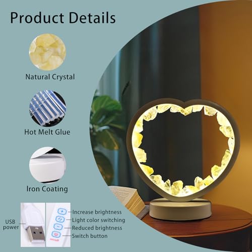 Image of Runyangshi Natural Crystal Night Lamp Heart Shape Bedroom Bedside Sleep Night Light Healing Crystal Gemstone Citrine Light Tri-Color Ambient Light USB Powered for Home Decor Mother's Day Gift