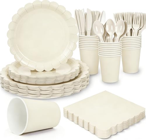168 Pcs Ivory Paper Plates and Napkins Set Tableware Set for 24 Guests Include Scalloped Cream Plates Napkins Cups Plastic Cutlery for Baby Shower Wedding Bridal Shower
