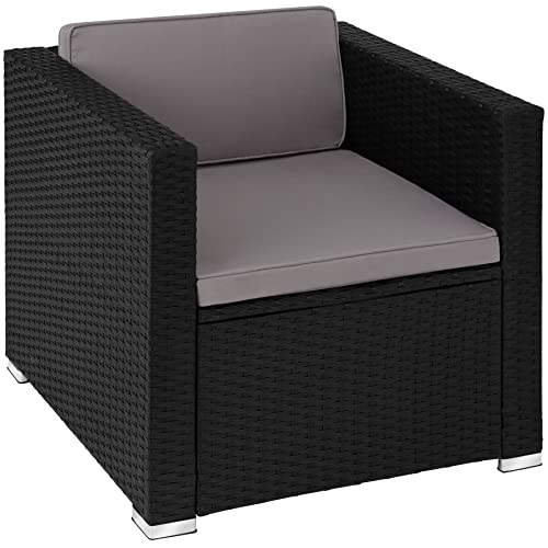 tectake® Sillón de Ratán y Acero con Reposabrazos, Mueble Jardín Exterior Resistente a Rayos UV e Intemperie, Sillón para Conjunto Jardín Exterior, con Cojines, Fundas Extraíbles, Fácil Montaje -negro