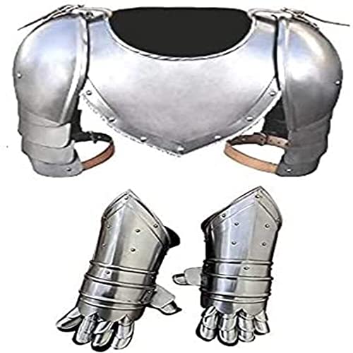 Image of AnNafi Medieval Iron Gorget Spaulders Arm Shoulder + Handcrafted Leather Gauntlet Gloves Steel Armor and Leather Hand Protective Gloves Set, Adult Cosplay Outfits LARP Renaissance Accessories