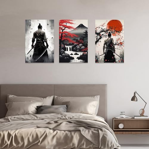 Image of CCWACPP 3 Piece Samurai Wall Art Japan Painting Canvas Print Warrior Figure Pictures Bushido Posters Japanese Culture Theme Artwork Home Room Decor Framed (C, (16 inchx24 inchx3))