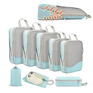 Compression Packing Cubes 8 Set, Dual Zipper Compression Packing Cubes for Travel, See-Through Mesh Packing Bags for Suitcases, packing cubes with shoe bag