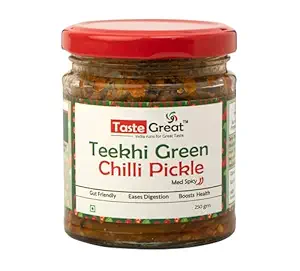 Taste Great Green Chilly Pickle (250g) I Rajasthani Hari Mirch ka Achar -Spicy Hot I Green Chilli pickle in less oil I Made with a Secret Recipe I Glass jar packing
