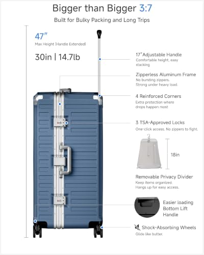 Image of LUGGEX Zipperless Checked Suitcase, Aluminum Frame, Ocean Blue, 30 inch | Trunk Luggage, 100% PC Hard Shell, 8010S Aluminum Frame, 8 Spinner Wheels, TSA Lock, Hard Shell, ZX-Core