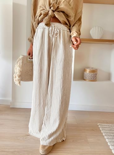 Acelitt Women Casual Drawstring Elastic Waist Striped Wide Leg Pants with Pockets, S-XXL3