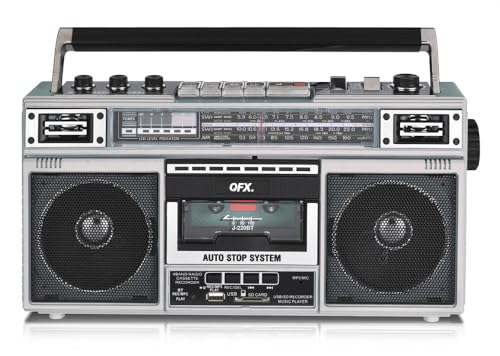 QFX J-220BT Silver Boombox MP3 Conversion from Radio to Cassette with 4-Band (AM, FM, SW1, SW2) Radio with Bluetooth, Dual 3" Speakers, Built-in Microphone, Recorder, 3-Band Equalizer