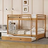 Bellemave Queen Over Queen Size Bunk Bed with Trundle for Kids/Adults,Solid Wood Bunk Bed Frame Queen Size with Ladder & Safety Guardrails,Wood Color