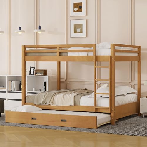 Queen Over Queen Size Bunk Bed with Trundle for Kids/Adults,Solid Wood Bunk Bed Frame Queen Size with Ladder & Safety Guardrails,Wood Color