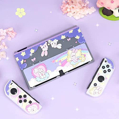 ENFILY Cute Rainbow Bunny Case Compatible with Nintendo Switch OLED, Dockable Case Cover, Ergonomic