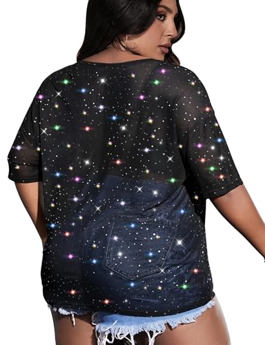 Buauty Plus Size Glitter Sheer Mesh Tops for Women Summer Black See Through T Shirt 2025 Sparkly Sexy Country Concert Outfits3