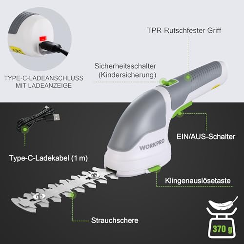 WORKPRO Gartenschere Akku 3,6V, handliche Grasschere und Strauchschere elektrisch mit 2 Messern 2.000mAh Akku und Typ C Kabel, 2 in 1 Rasenkantenschneider Schnittbreite 7.5cm, Schnittlänge 12cm – Bild 4