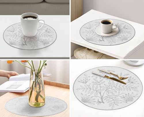 Image of Yellow Weaves 4 Pcs PVC Round Table Placemats, Dining Table Mat, Stain Resistant, Anti-Skid, Waterproof, Washable, Dining, Kitchen, Restaurant Table Set Easy to Clean, Durable (Botanical Silver)