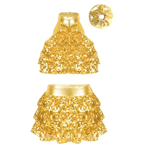 JanJean Kids Girls Sparkle Metallic Crop Top with Skirted Hair Band for Hip Hop Jazz Street Dance Competition Gold 5-6 Years