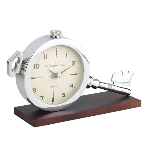 Image of Decor de Maison Handcrafted Areios Analog Table Clocks, Cute Simple Design Small Desk Clock,Silent Non-Ticking, Battery Operated, Key Design, for livingroom, Decor, in Silver 26CM