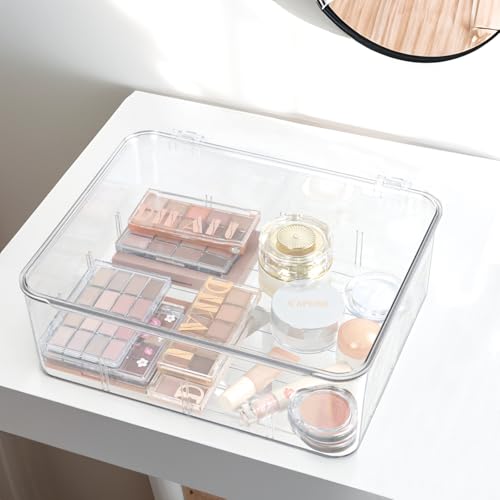 ZEXALOR Clear Storage Container Drawer Organzier Dividers,Removable Divided Plastic Storage Bin with Lid, Storage Organizer for Scarves Ties Bras,Clear Dresser Organizers (Large-No Grids)