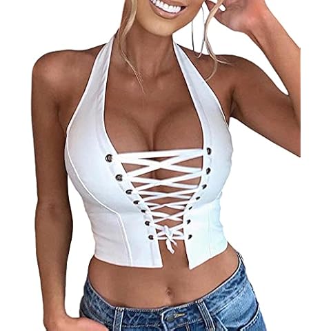 SOMTHRON Women's Sexy V-Neck Wrap PU Leather Crop Tank Tops Halterneck Sleeveless Lace Up Vest for Party Festival, White, XXL Cover