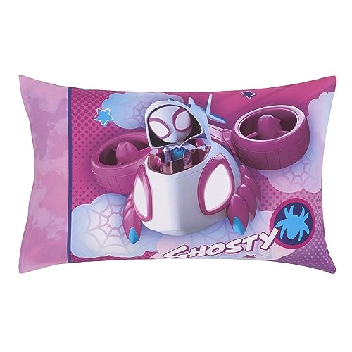 Image of NoJo Marvel Ghost Spider, Go Ghosty Purple, Pink, and Blue 4 Piece Toddler Bed Set - Comforter, Fitted Bottom Sheet, Flat Top Sheet, and Reversible Pillowcase