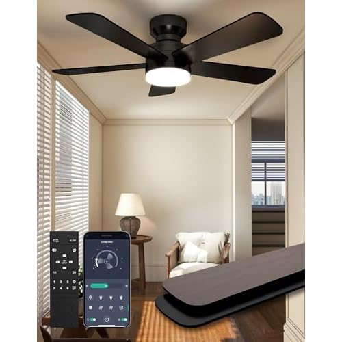 42 Inch Low Profile Ceiling Fan with Light and Remote, Black | Backlit night light, 6 speeds, Dimmable 3000K-6000K LED, App control, Reversible DC motor, Timer, Light memory
