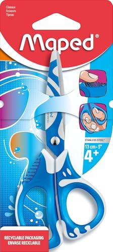 Maped - Tijeras Zenoa Fit de 13 cm, tijeras para niños con anillos asimétricos interiores blandos, laminillas decoradas y amortiguadas, antidolor, tijeras escolares a partir de 4 años, color azul