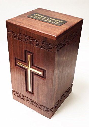 NWA Wooden Adult Size Human Funeral Cremation Urn with Solid Brass Cross