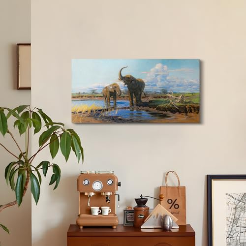 SERIMINO Landscape Large Wall Art Vintage Decor, Grassland Animal Wall Decor, Elephants at a Waterhole Canvas Prints Paintings, Nature Aesthetic Pictures Home Decor Living Room Bedroom Office 20x40 Inch