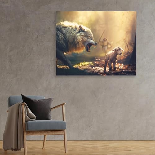 Image of Christian Wall Art Canvas Print, Jesus with Wolf and Lamb Religious Wall Decor, Faith Inspired Framed Artwork for Living Room, Bedroom, Prayer Room and Church Decorations, Gallery Wrapped Ready to