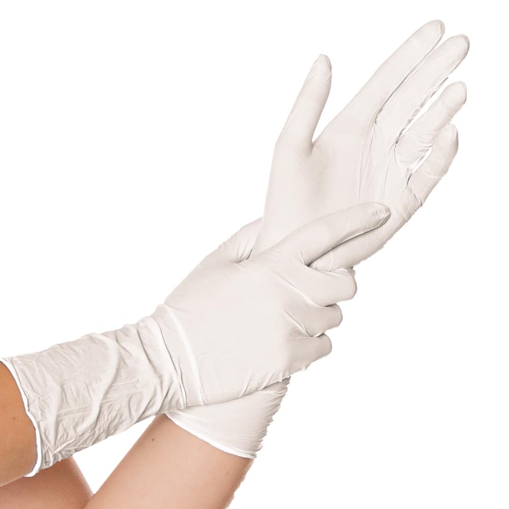 FRANZ MENSCH 1000 Stück Hygonorm Nitrilhandschuhe Safe Long Light | puderfrei, weiß, 10/XL, L: 30cm, Karton, Einmalhandschuhe, Nitrilhandschuhe, Gummihandschuhe, Einweghandschuhe