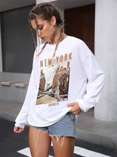 Image of CHKOKKO Oversized Round Neck Drop Shoulder Printed Polyester Full Sleeves T-Shirt for Women
