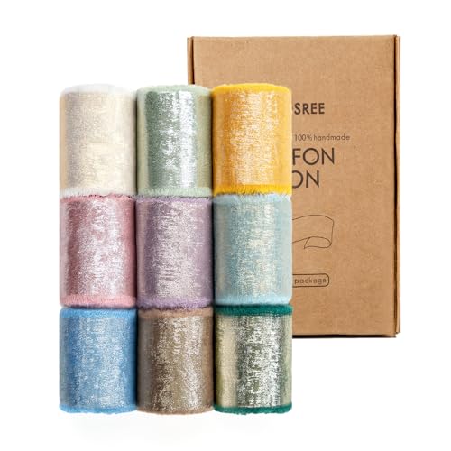 KEOSREE Multicolour Silk Chiffon Ribbon,Frayed Shimmery Silk Ribbon for Bridal Flower Bouquet Christmas Gift Wrapping Wedding Decor Invitations Decorations 1.5