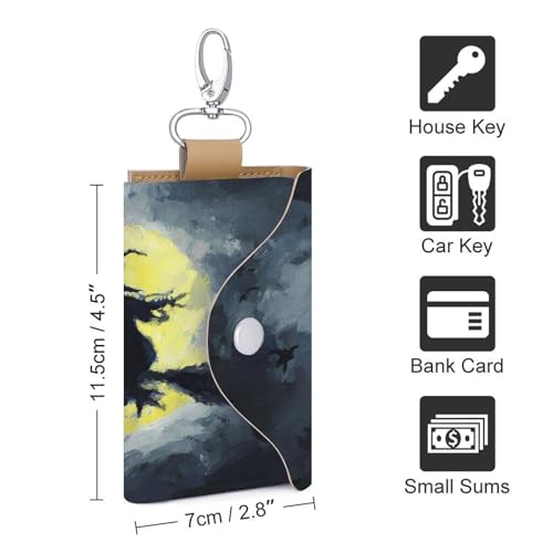 Witch Flying on Broomstick Moonlight Key Holder Bag PU Leather ID Card Holder Keychains Case Cover for Men Women2