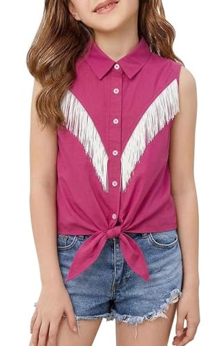 Image of Girls Fringe Shirt Sleeveless Button Down Western Cowgirl Tassel Trim Casual Blouse Shirt Top 4-13Y