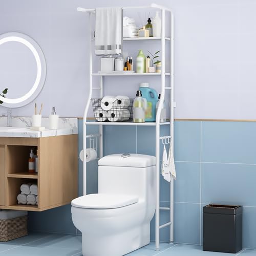 3-Tier Bathroom Organizer Over Toilet Storage Shelf - Freestanding Space Saver Rack for Laundry & Toiletries - Multifunctional White Bathroom Shelves