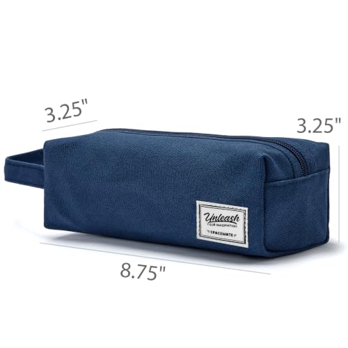 Image of SPACEMATE Pencil Case Pouch Box Bag School Supplies Girls Boys Kids, Cute Preppy Stuff Large Big Capacity Aesthetic Canvas Pen Organizer, Back to College Stationary, Navy Blue, Simple Style, 1200ml