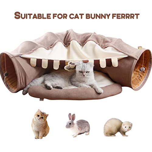 Image of EAEDMY Cat Rabbit Tunnel Bed Nest for Cats Indoor, with Collapsible Washable Soft Cushion, Plush Ball and Exercise Wheel Tube, Fit for Puppy Bunny Kitty Kitten Ferret(2.Coffee)