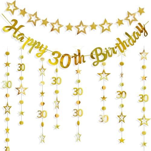 Bannière dorée pour 30e anniversaire – 4 pièces – Guirlande dorée « Happy 30th Birthday » - Numéro 30 - Cercle à pois - Guirlande d'étoiles scintillantes à suspendre pour Happy 30 Year Old 30